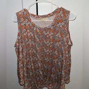 Michael Kors Red Orange with White Flowers Women Ruffled Blouse Size L
